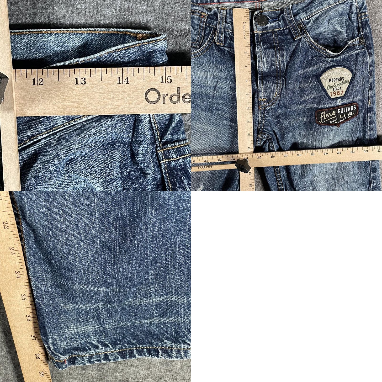 Vintage Aéropostale Essex Jeans Mens 29x30 Blue Denim Music Patch Distressed Straight Leg Rock Shirt/Jeans Size US 29 - 9 Thumbnail