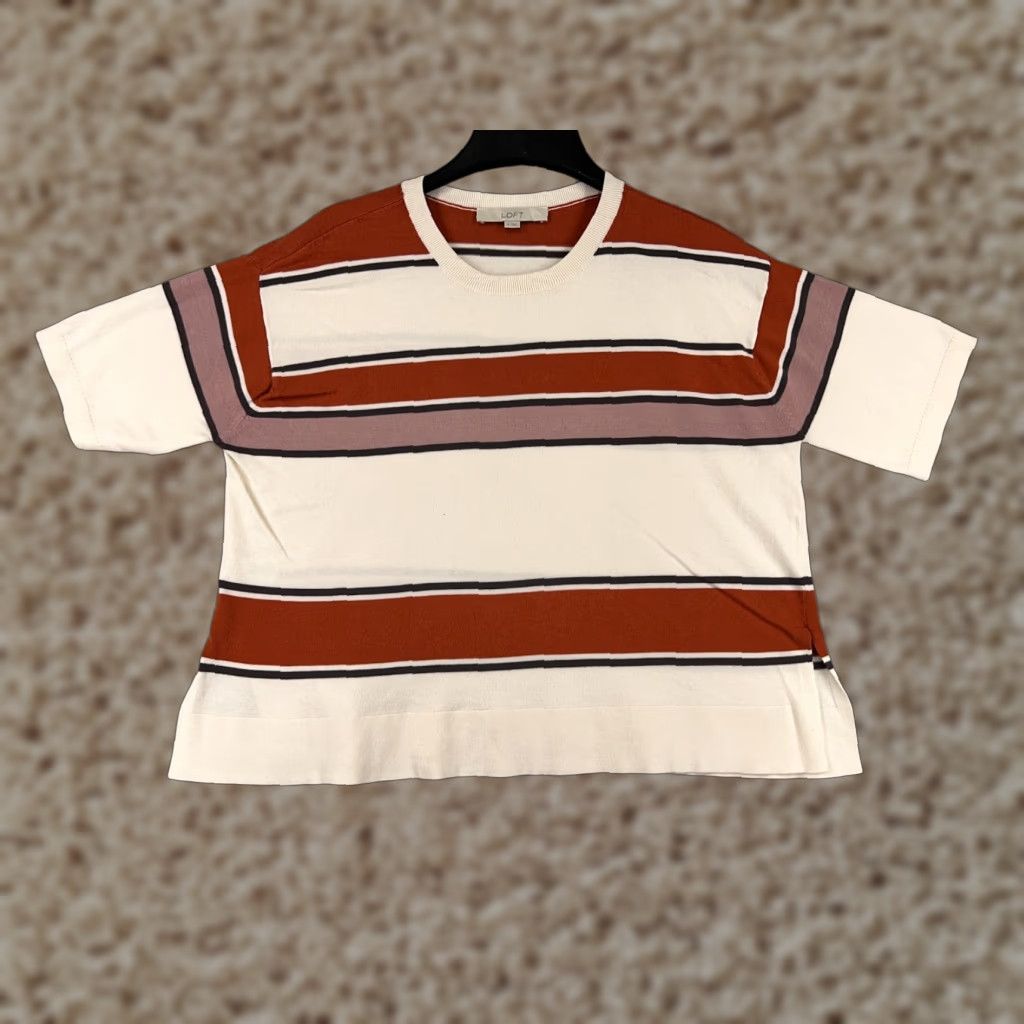Ann Taylor Ann Taylor Loft Blouse Shirt Womens Medium M Beige Knit Rayon Blend Striped Pattern Fabric Type: Knit Size M / US 6-8 / IT 42-44 - 1 Thumbnail