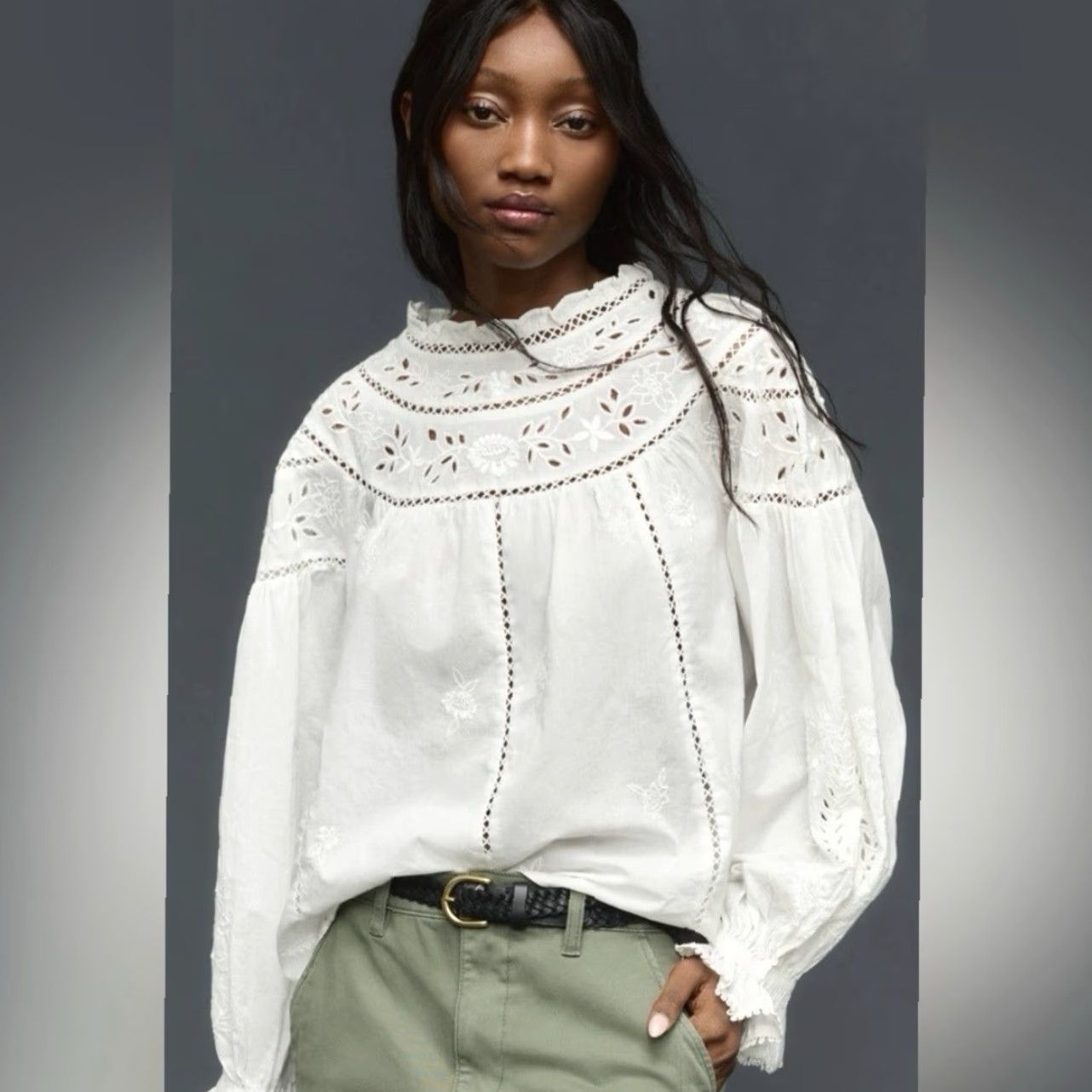 Anthropologie Anthropologie Blouse XS White Floral Embroidery Boho Peasant Cutout Cotton Long Sleeve Button Collared Casual Womens Size XS / US 0-2 / IT 36-38 - 7 Thumbnail