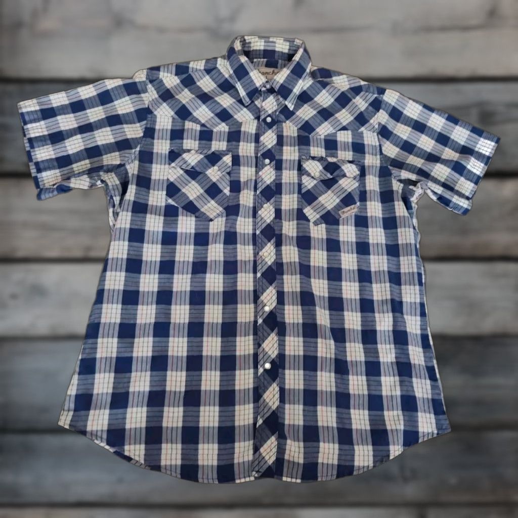 Wrangler VINTAGE Wrangler Western Shirt Blue Plaid Large Short Sleeve Pearl Snap Cowboy 90s Mens Size US L / EU 52-54 / 3 - 1 Thumbnail