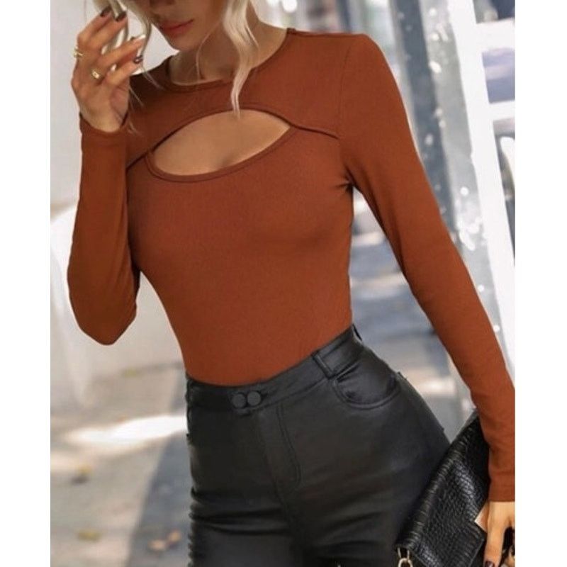 Shein Brown Ribbed Cut Out High Rise Bodysuit, L, Women's (Size Large)
