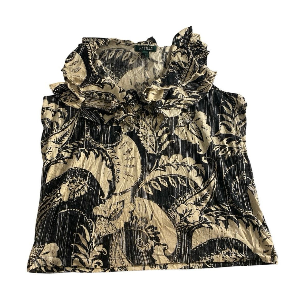 Ralph Lauren Chic Floral Ruffle Collar Black Beige Blouse Ralph Lauren 1X Size XXL / US 16-18 / IT 52-54 - 2 Thumbnail