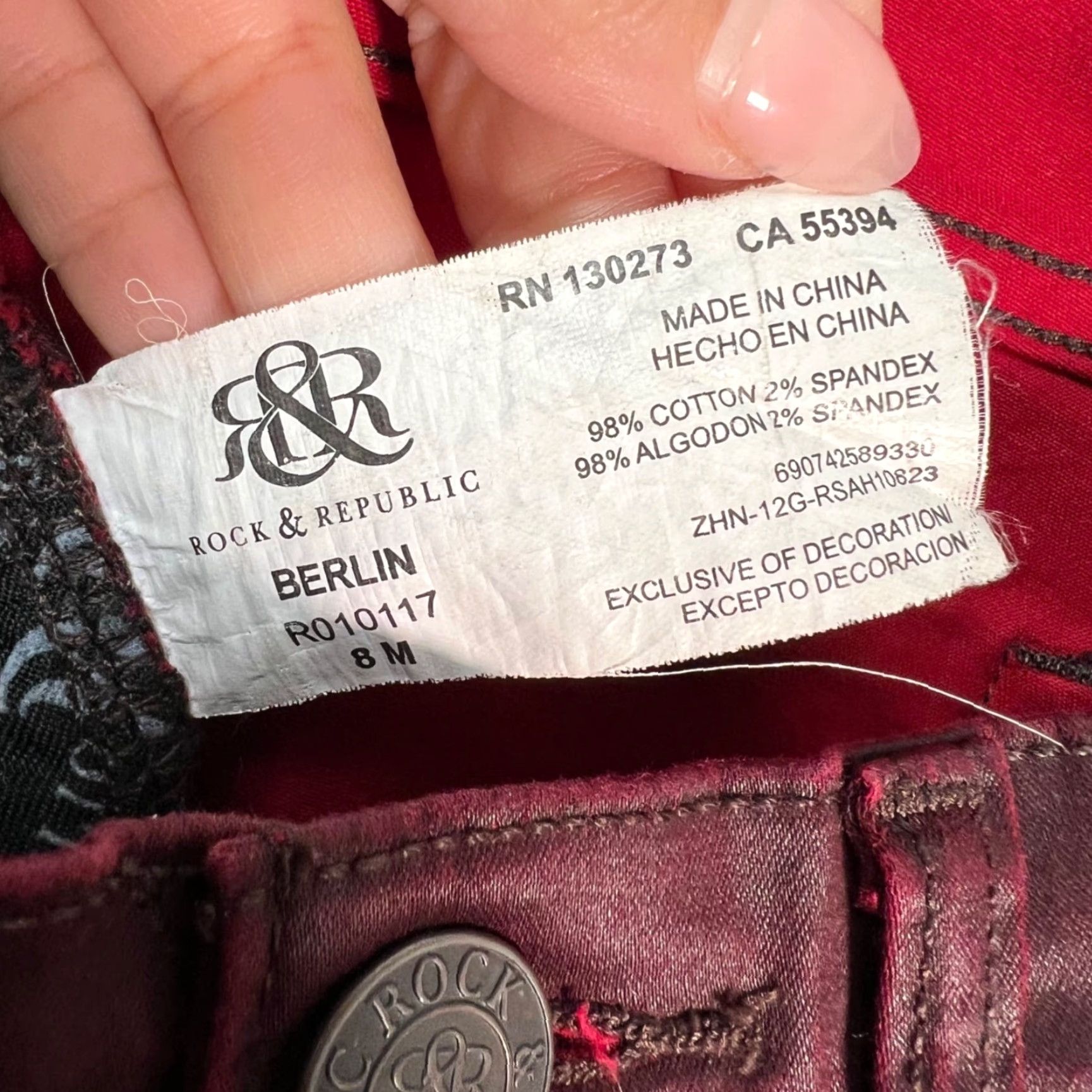 Vintage VINTAGE Rock & Republic Womens Jeans Slim 8 Burgundy Coated Mid 5-Pocket Denim Red Rock Womens Mens? Size 30" / US 8 / IT 44 - 5 Thumbnail