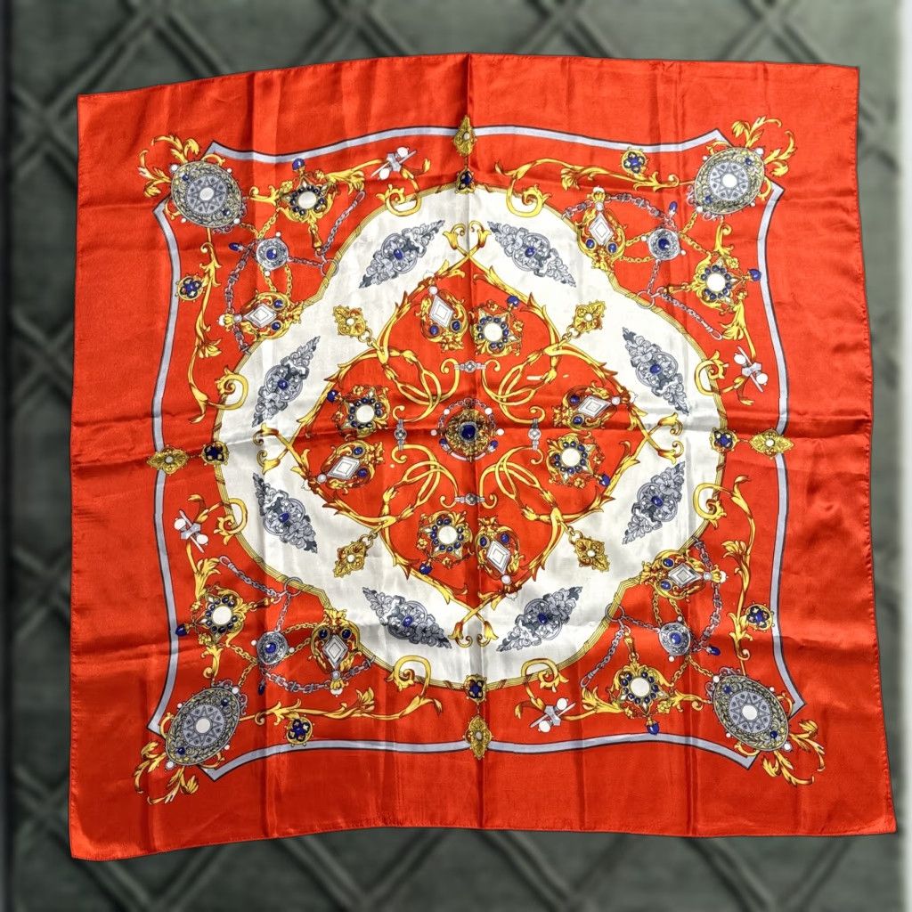 Vintage VINTAGE 90s Baroque Victorian Style Silky Red White Polyester Square Scarf Women's Red Square Scarf 33x35” Size ONE SIZE - 1 Thumbnail