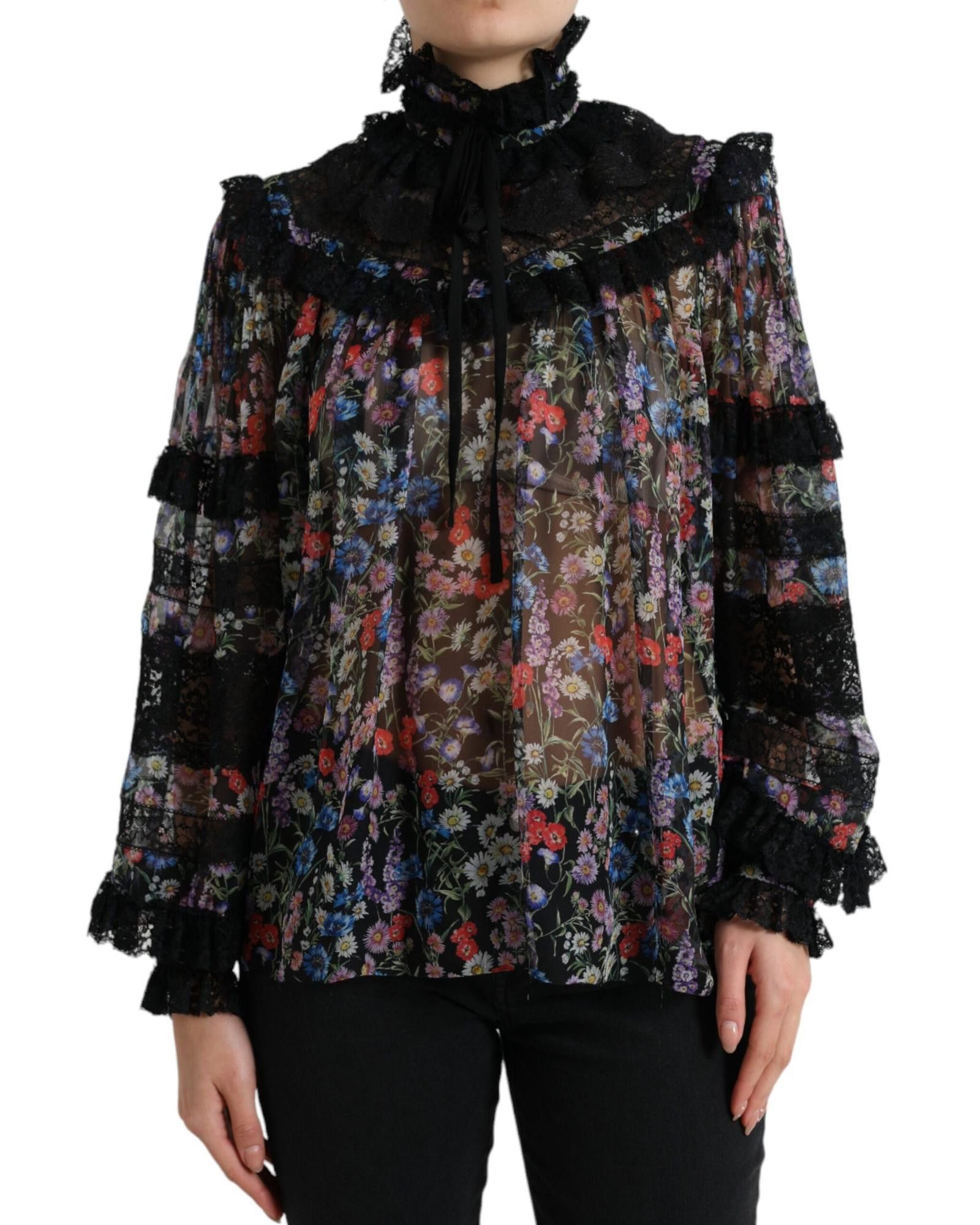 Image of Dolce Gabbana Floral Print Long Sleeves Blouse Top in Black, Women's (Size Small)