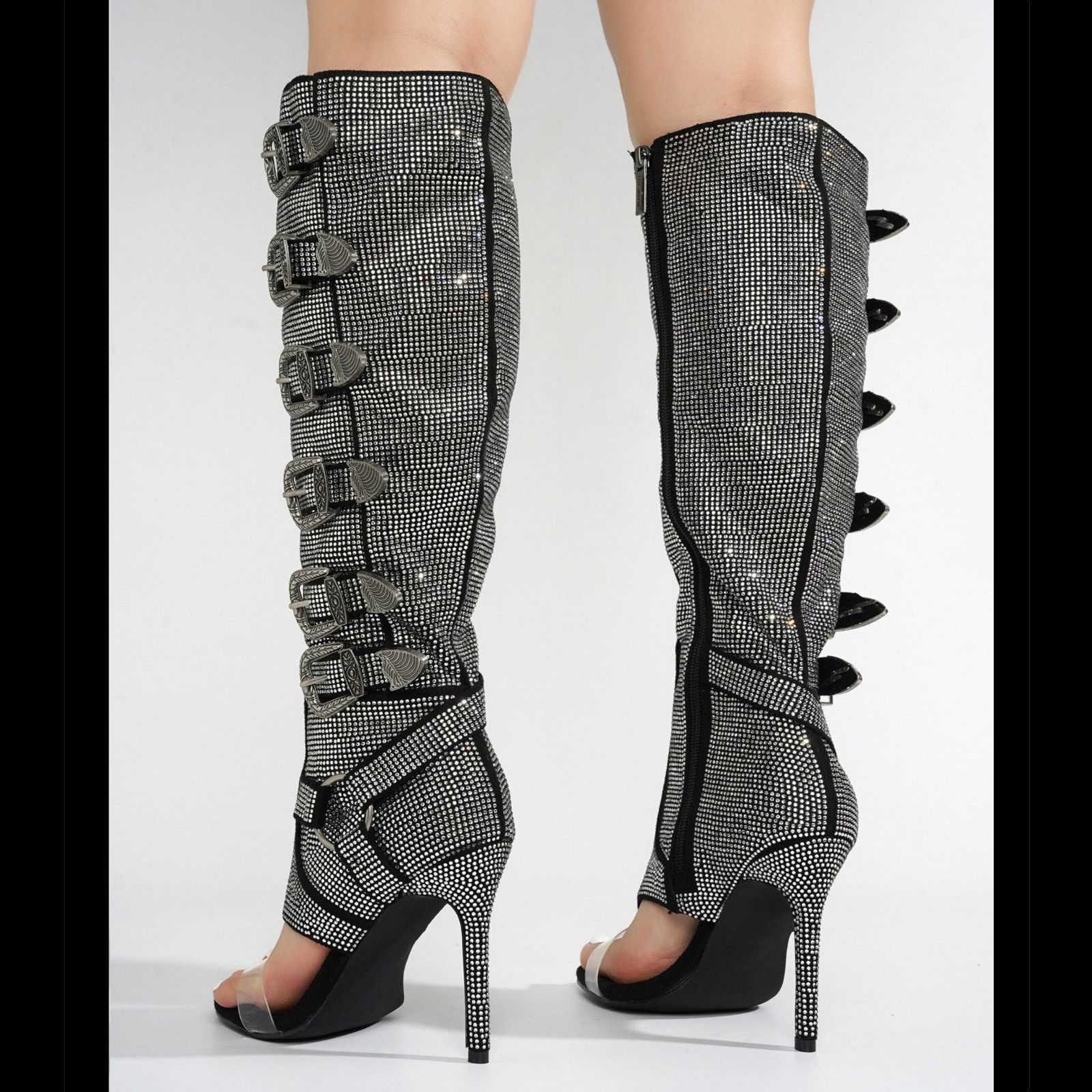 Other Motor City Black Silver Rhinestone Stiletto Heel Knee Boots Size US 6 / IT 36 - 2 Thumbnail