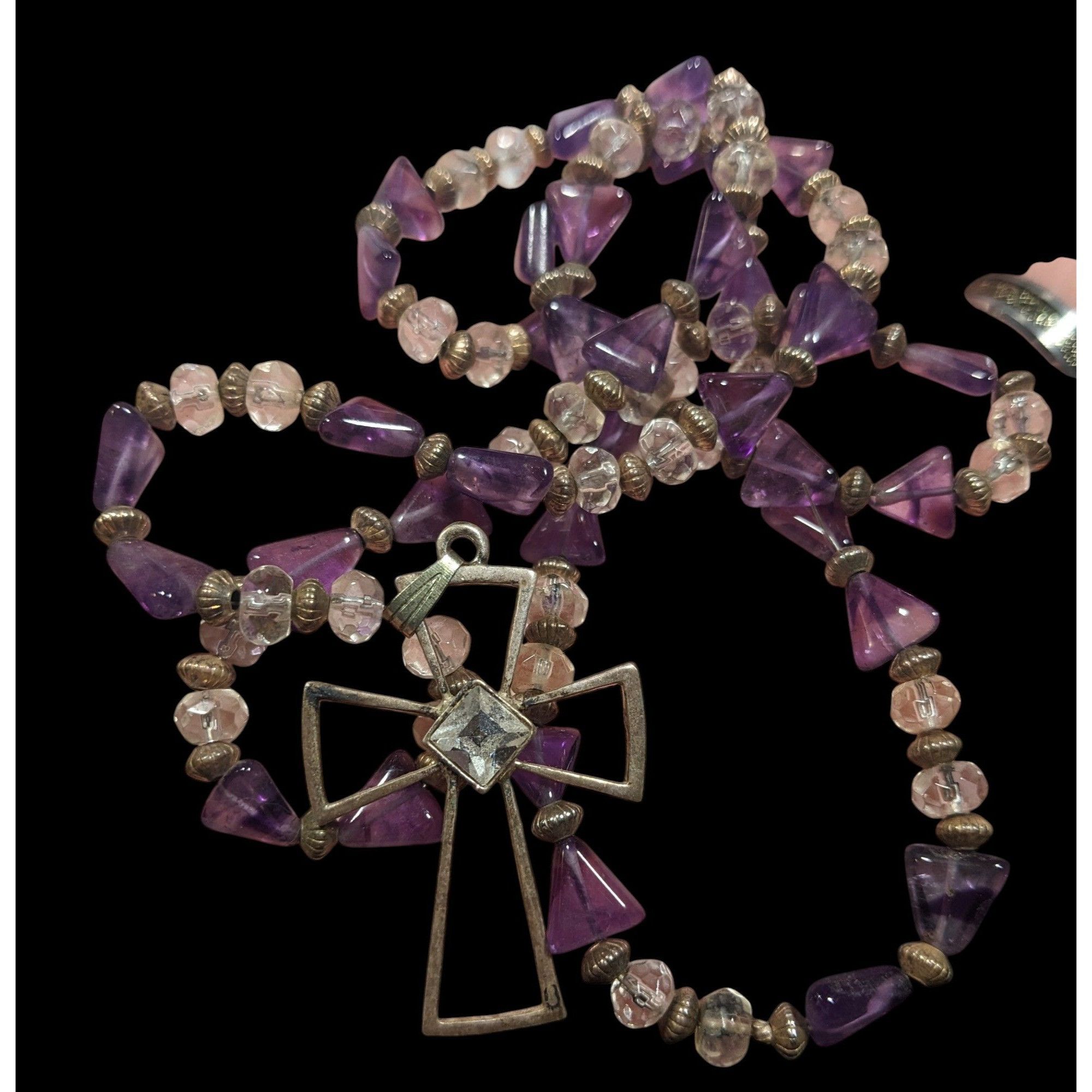 Other Amethyst And Glass Beaded Open Silver Tone Cross Pendant Nec Size ONE SIZE - 3 Thumbnail