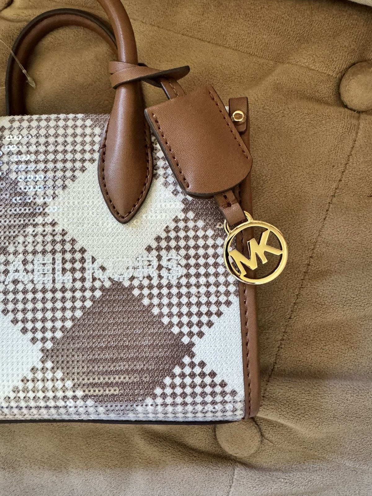 Michael Kors Michael Kors Brown & White Checkered Sequins/Leather Tote Size ONE SIZE - 2 Thumbnail