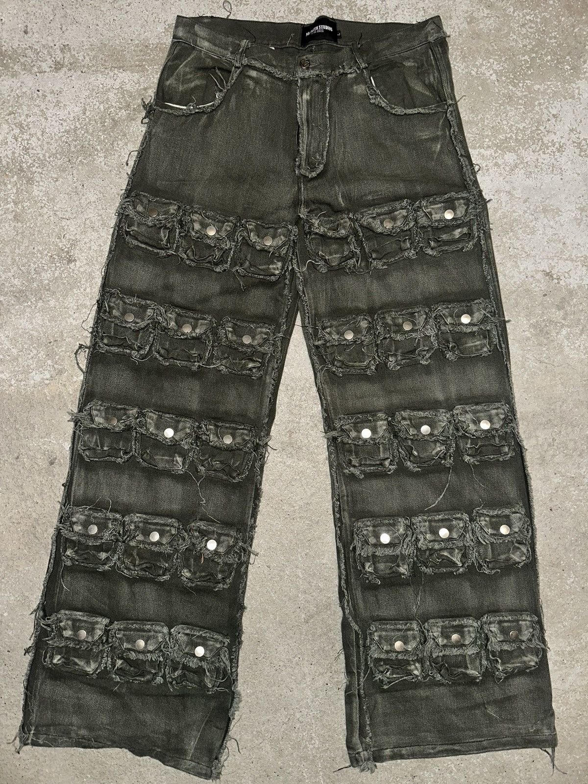 image of No Faith Studios 64 Pockets Denim In Washed Army Green, Men's (Size 32)