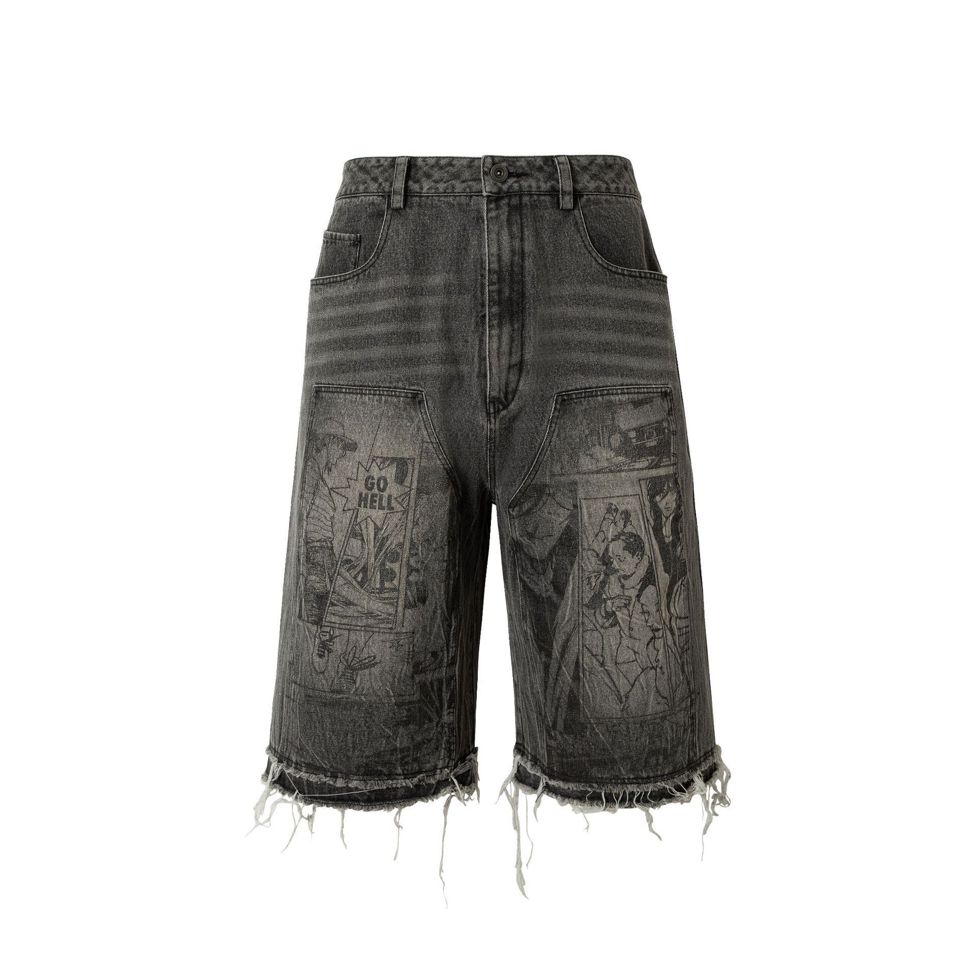 Anime Distressed Tassel Knee Broken Black Short Jeans Size US 32 / EU 48 - 1 Thumbnail