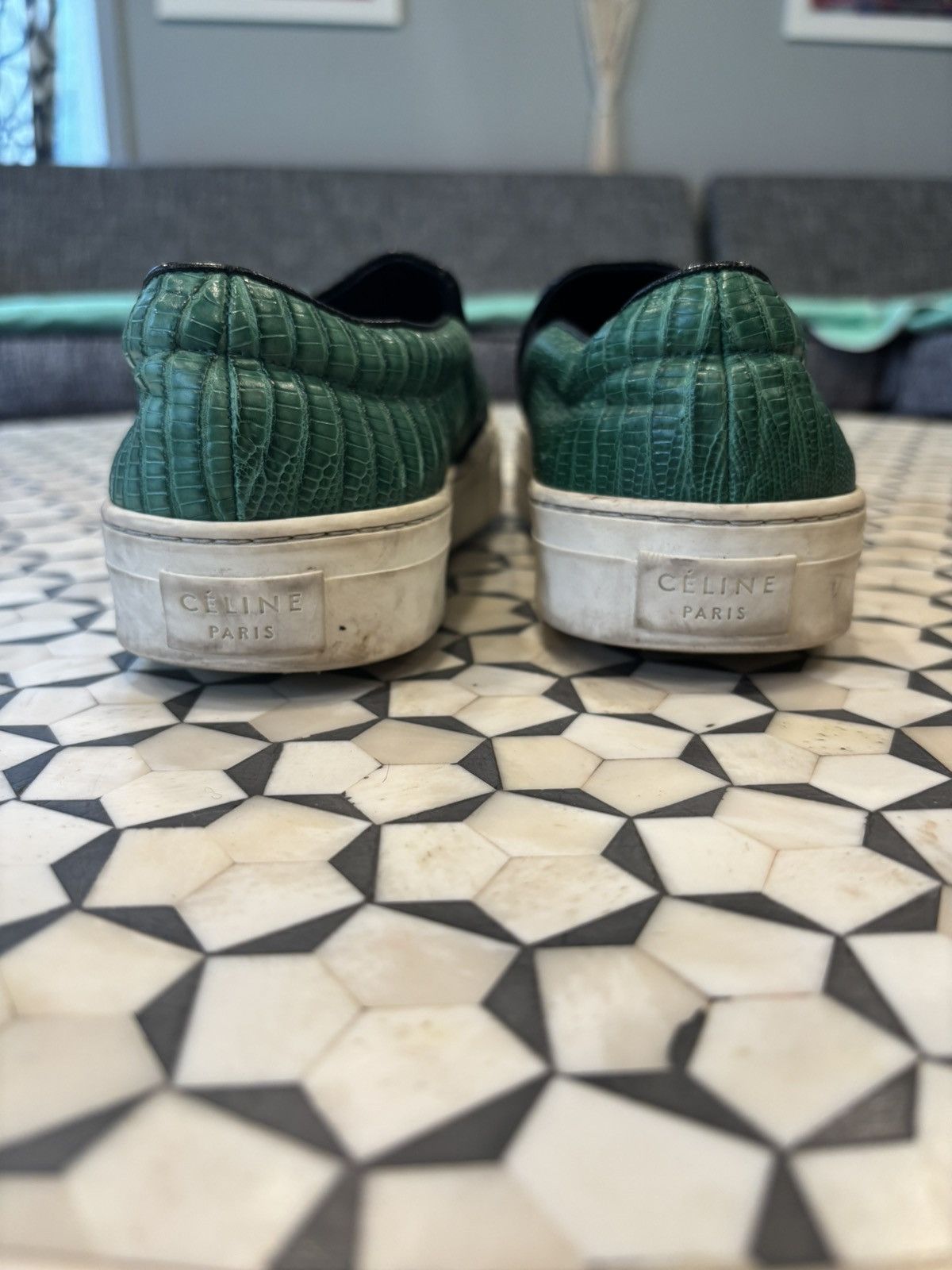 CELINE Green Crocodile Slip Ons