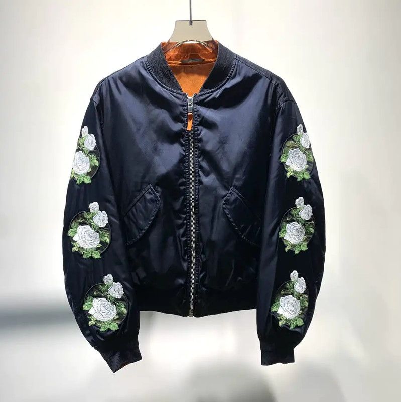 Dior Dior Navy Silk Bomber Jacket with Floral Embroidery 0089 Size US M / EU 48-50 / 2 - 1 Thumbnail
