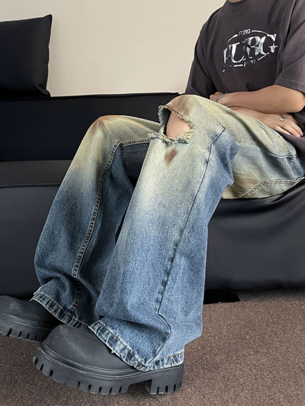 Japanese Brand Men's Retro Tie-Dye Distressed Washed Loose-Fit Ripped Jeans Size US 32 / EU 48 - 5 Thumbnail