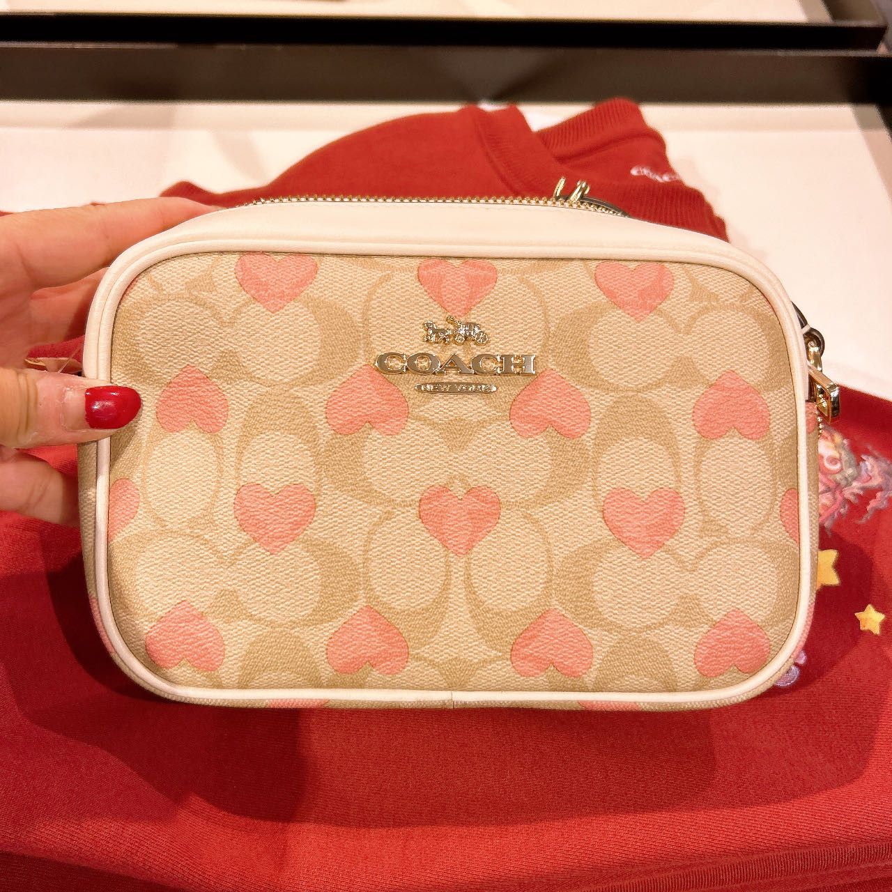 image of Coach Mini Jamie Camera Bag In Signature Canvas With Heart Print in Gold, Women's