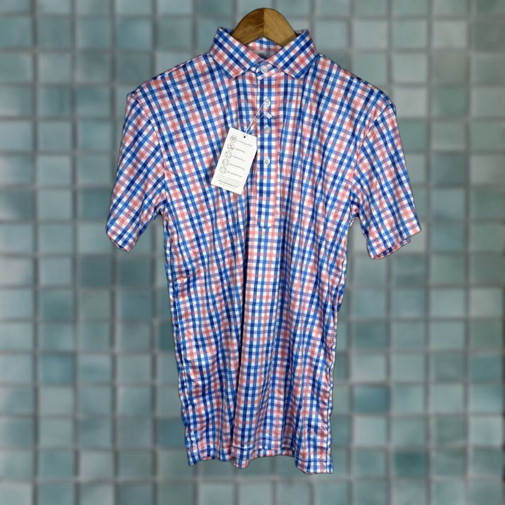 Vintage Collars & Co Dress Polo Shirt Gingham Short Sleeve Blue Pink Small Men Regular Size 36R - 1 Thumbnail