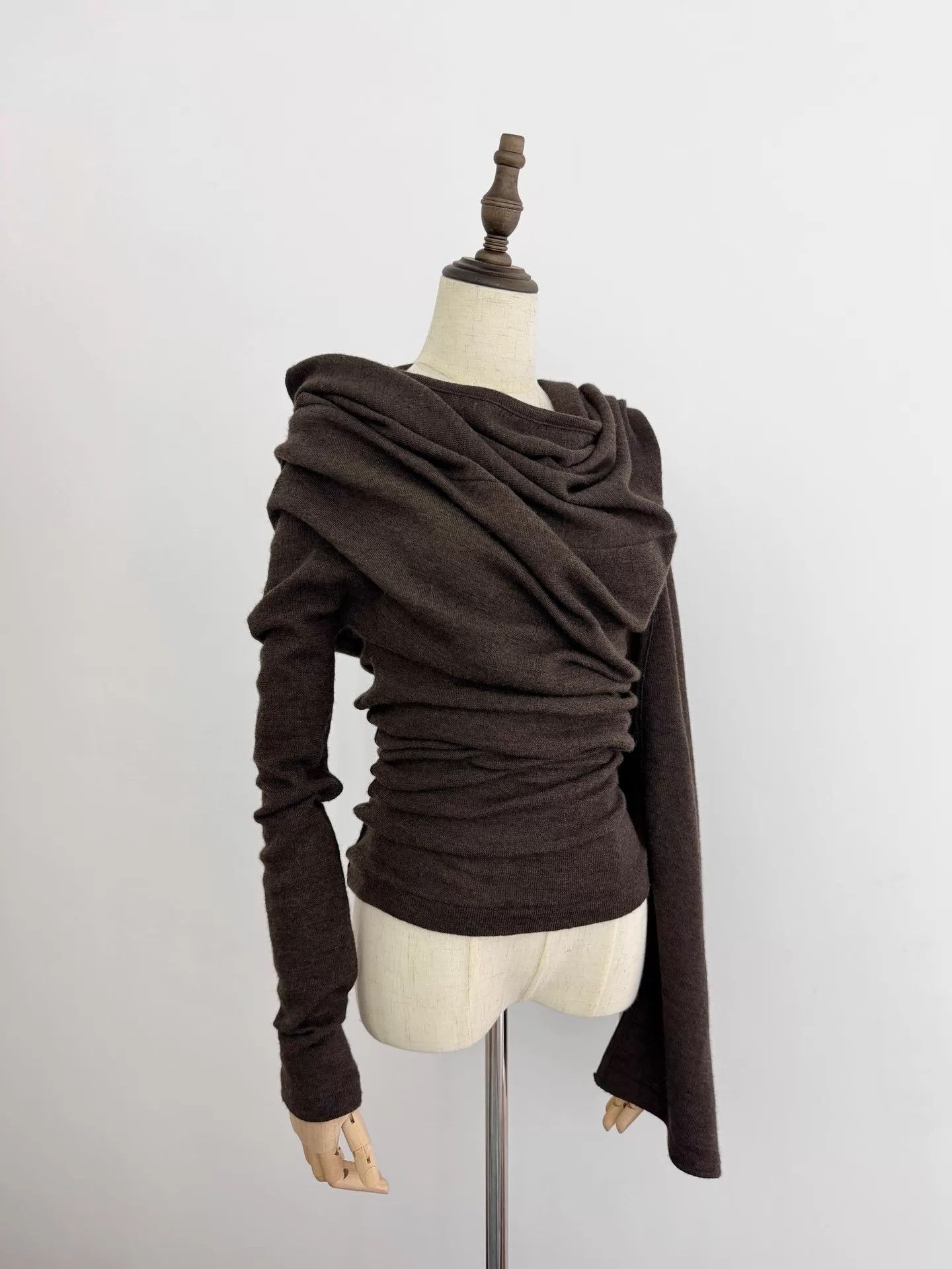 Y's Y's Chocolate Brown Irregular Two-Way Wool Top Size L / US 10 / IT 46 - 3 Thumbnail