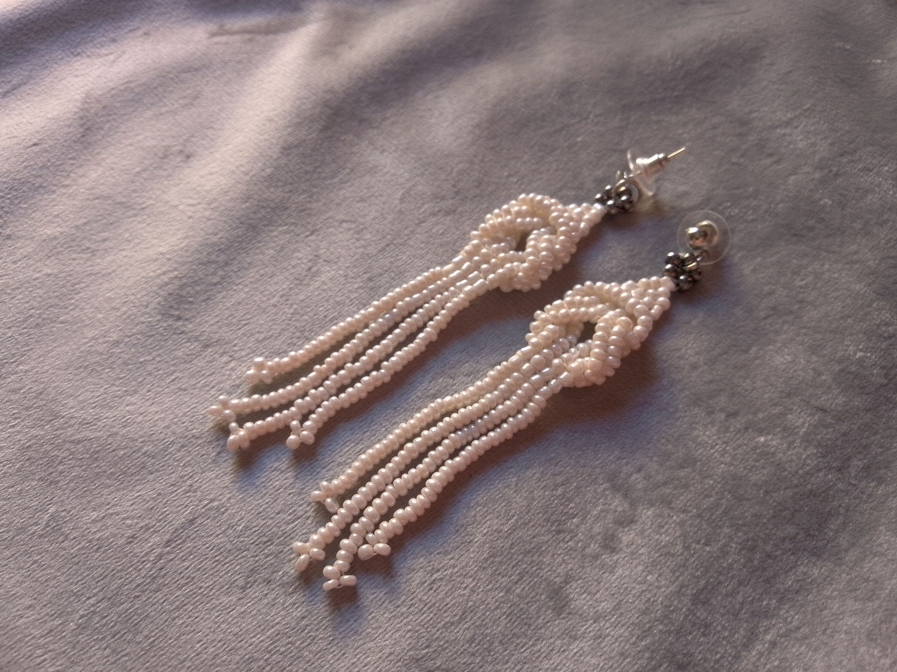 Handmade Earrings Long Ivory Bangs Glass Knotted Elegant Size ONE SIZE - 4 Thumbnail