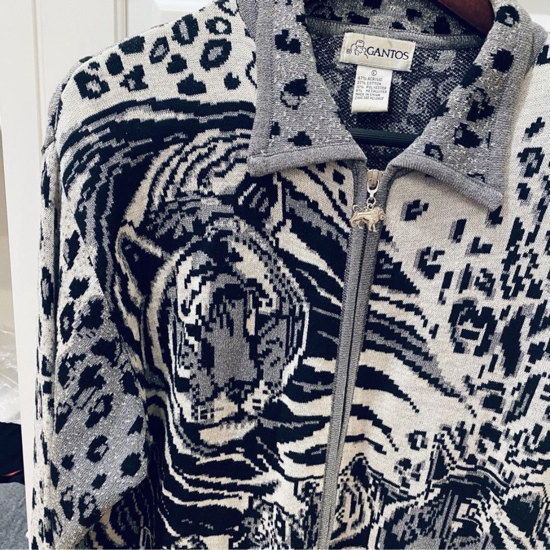 Vintage Vintage 80s Animal Print Zip Cardigan Silver Gray Black L Size L / US 10 / IT 46 - 2 Thumbnail