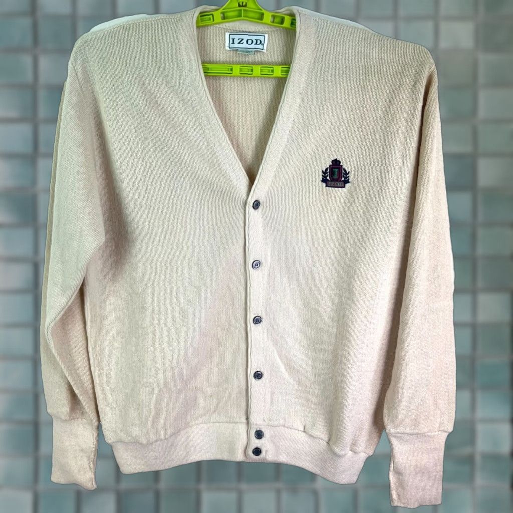 VINTAGE IZOD Cardigan Sweater Mens L Ivory Acrylic V-Neck Button