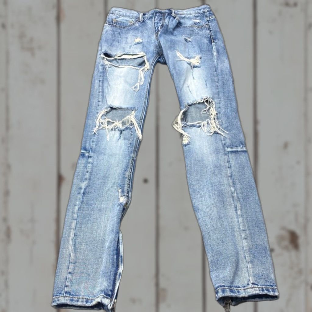 MNML VINTAGE mnml Distressed Ripped Patch Jeans Size 31x33 Skinny Fit Slim Button Fly Zipper Size US 31 - 1 Thumbnail