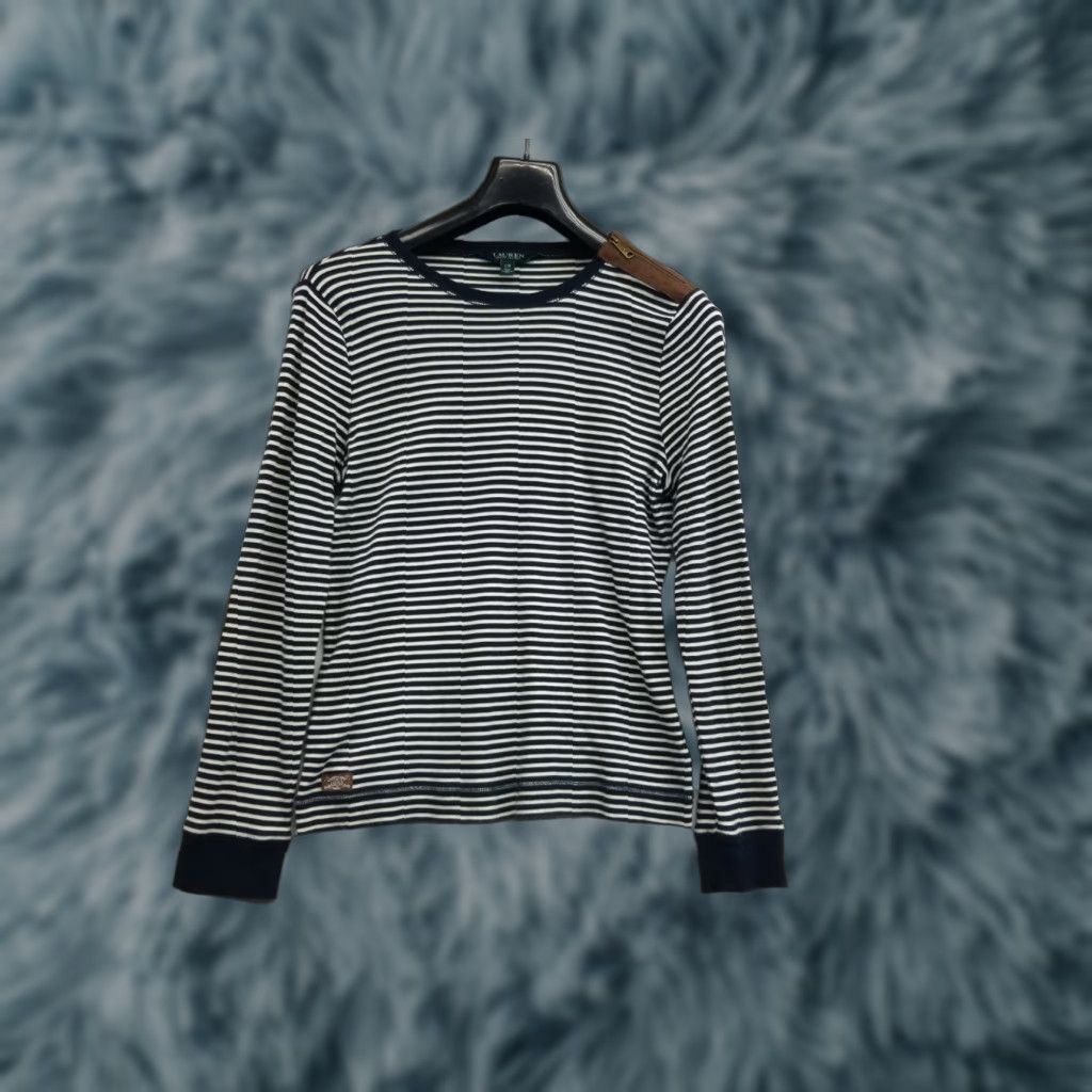 Ralph Lauren Lauren Ralph Lauren Shirt Womens Long Sleeve Striped Blue Multicolor L Large Elbow Patch Classic Casual Womens Size L / US 10 / IT 46 - 1 Thumbnail