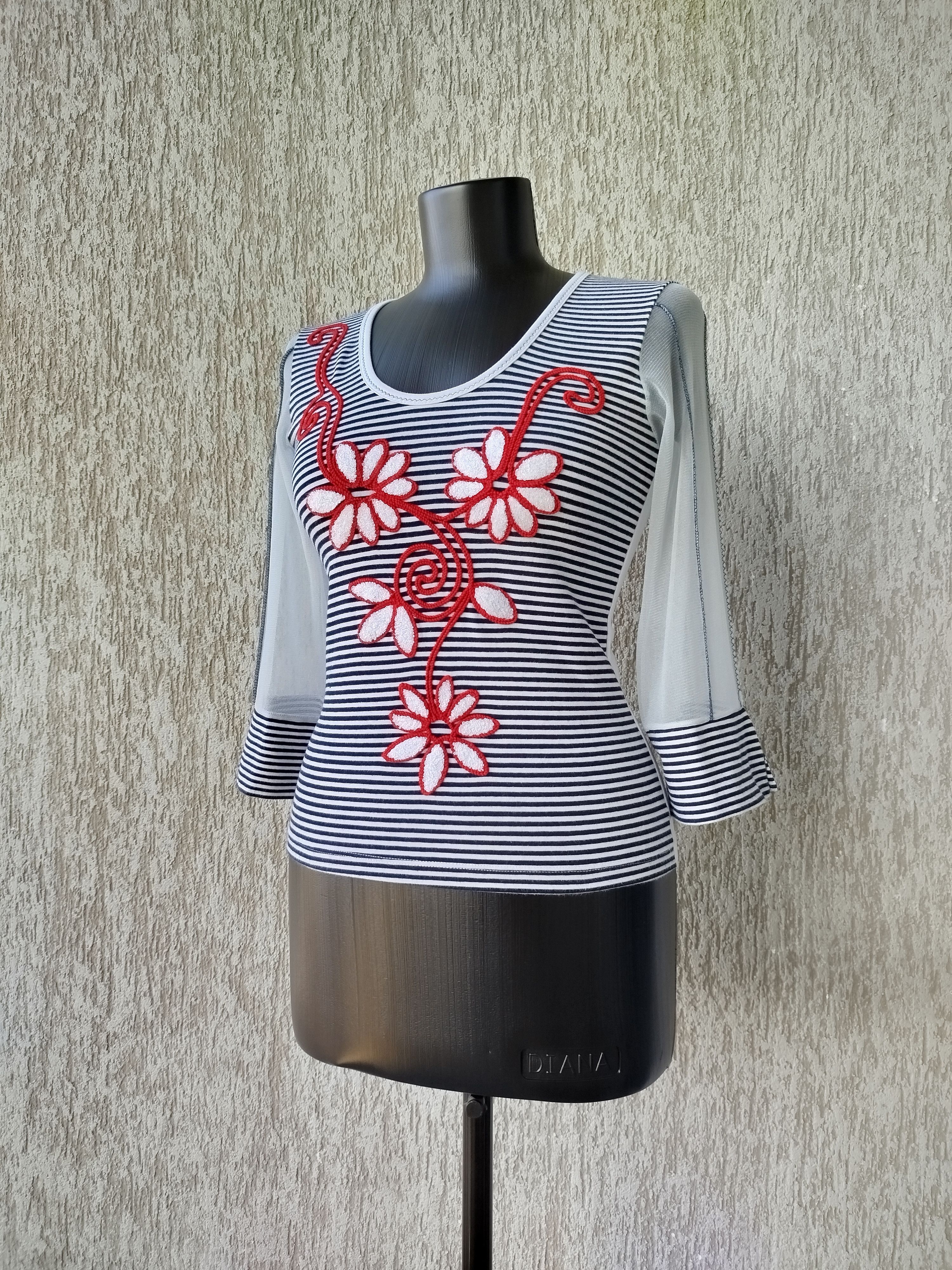 Jean Paul Gaultier Save The Queen Top Striped Floral Mesh Sleeves Vintage Y2K Size S / US 4 / IT 40 - 2 Thumbnail