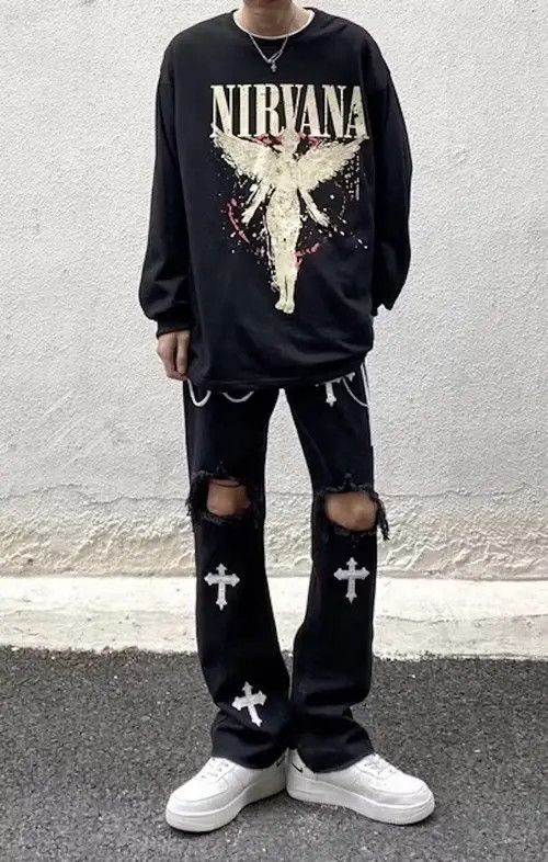 image of Vintage Fashion Punk Cross Ripped Jeans Pants in Black, Men's (Size 28)