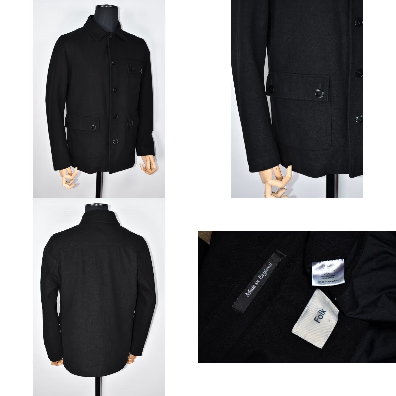 Folk Folk Jacket Men Wool Coat Black Size 4 | 60% Wool 40% Polyester | Chest 23.23in Length 28.35in Vintage No Size US S / EU 44-46 / 1 - 8 Thumbnail