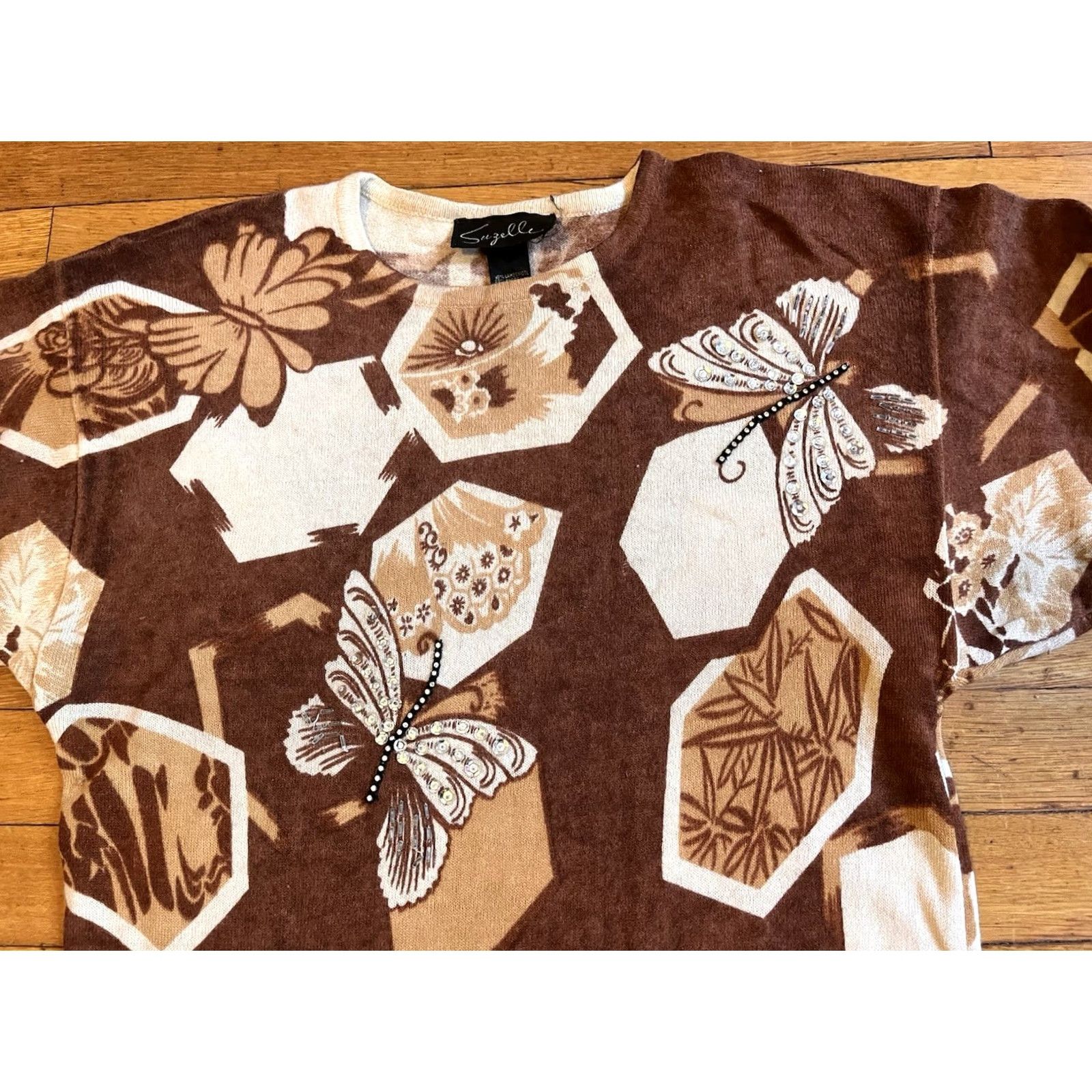 Vintage VINTAGE Suzelle Butterfly Sweater Women’s M Brown Sequin Beaded 80s Lambswool Angora Knit Pullover Crew Neck Floral Pattern Mens Girls Womens Size M / US 6-8 / IT 42-44 - 4 Thumbnail