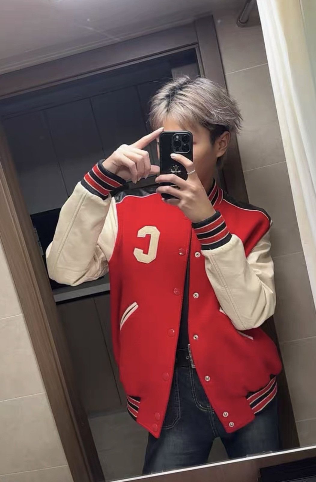 Celine Celine Red Leather Sleeves Varsity Jacket Size US L / EU 52-54 / 3 - 8 Thumbnail