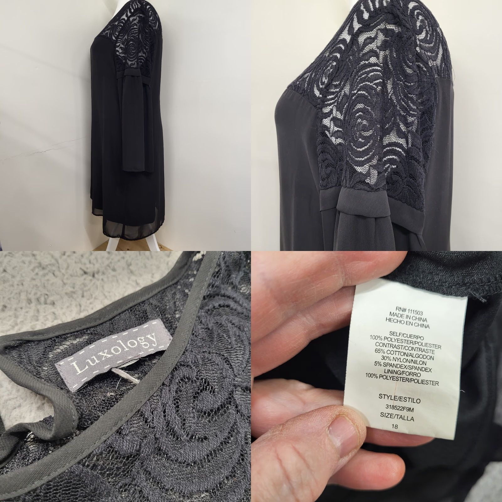 Vintage Luxology Estilo Dress Women's 18 Tall Black Lace Swing Kimono Sleeves Lined Size XXL / US 16-18 / IT 52-54 - 8 Thumbnail