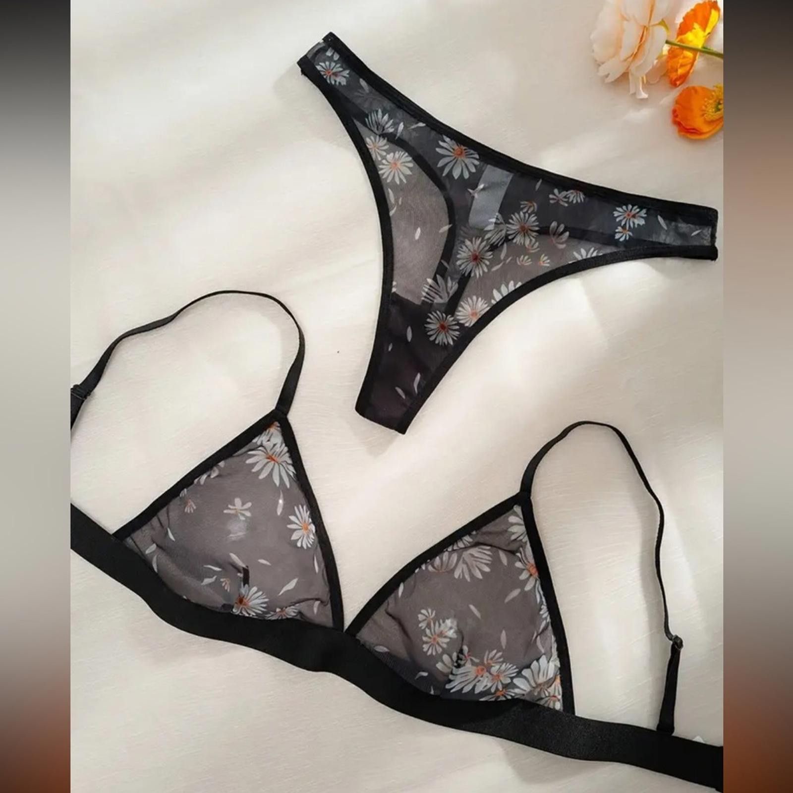 Designer Floral Sheer Black Daisy Lingerie Set Bralette and Thong Size ONE SIZE - 2 Thumbnail