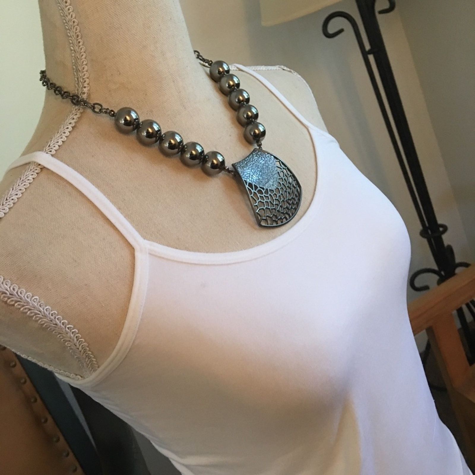Jewelry Bold chrome tone large pendant beaded necklace Size ONE SIZE - 2 Thumbnail