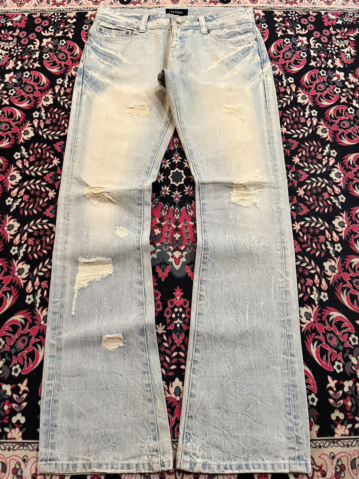 If Six Was Nine Japanese Brand La Gate Acid Blue Whisker Ripped Flare Jeans Size US 31 - 1 Thumbnail