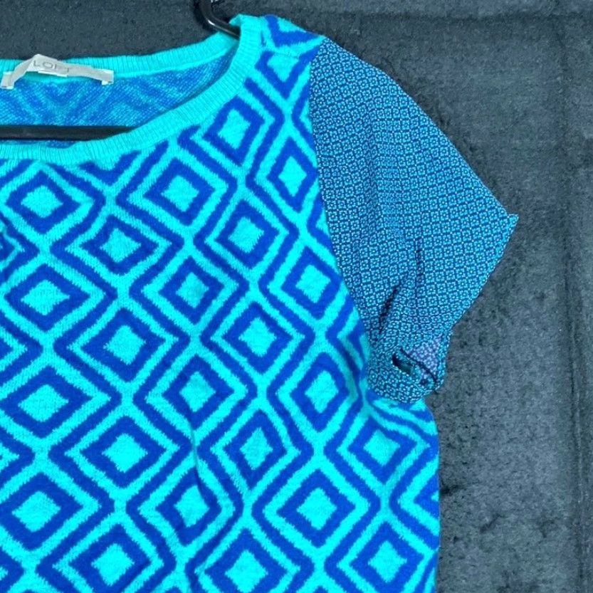 Ann Taylor VINTAGE Ann Taylor LOFT Womens Shirt Turquoise Geometric Diamond Cap Sleeve Modal S Size S / US 4 / IT 40 - 5 Thumbnail