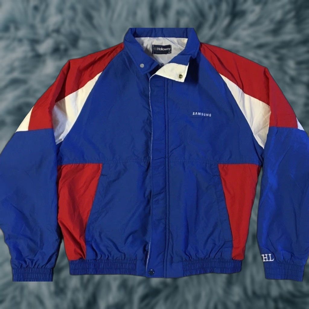 Samsung VINTAGE Samsung Jacket Mens M Blue Striped Zip Pockets 90s Grunge Tech Computer Cell Phone Movie Retro USA Binary Theme Bomber Jacket Size US M / EU 48-50 / 2 - 1 Thumbnail
