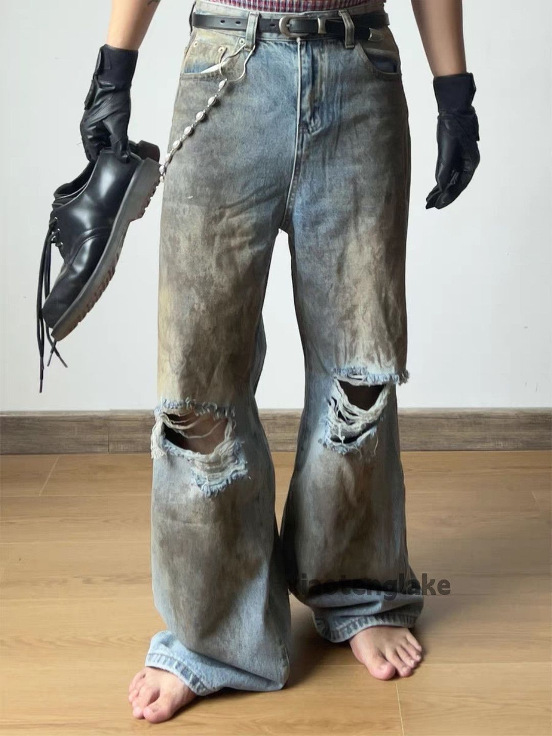 Jean Xz washed faded utility loose wide Leg ripped jeans Size US 30 / EU 46 - 5 Thumbnail
