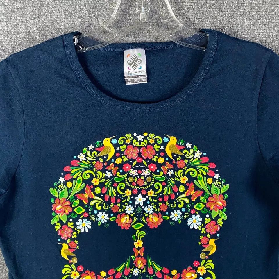 Other Karani Art Shirt Women's Large Aztec Skull Floral Blue Size L / US 10 / IT 46 - 2 Thumbnail