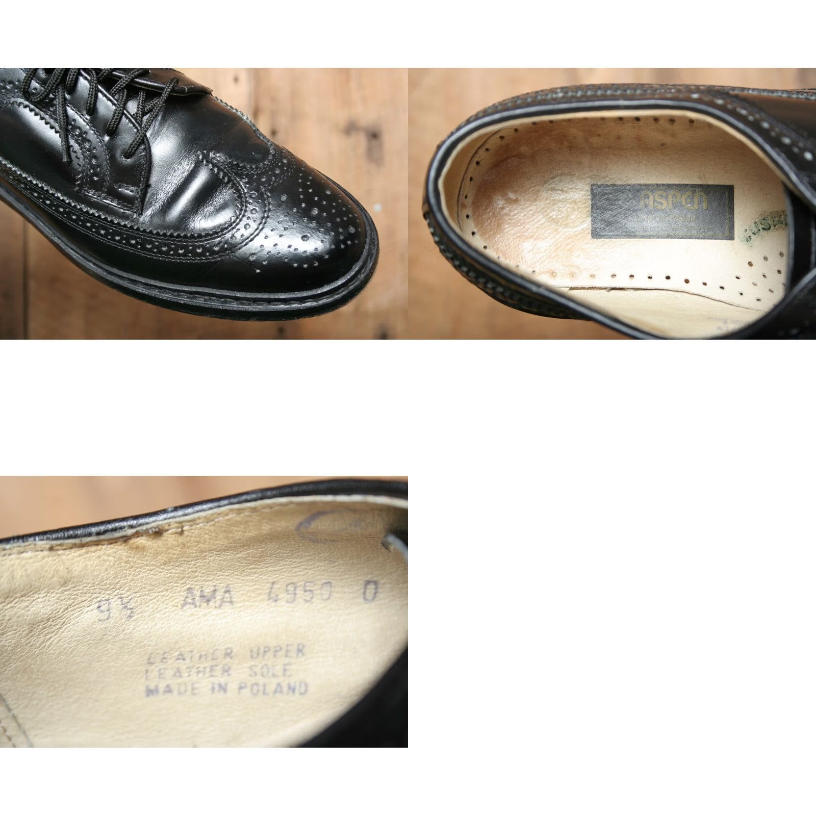 Vintage VINTAGE Aspen Black Leather Longwing Wingtips Sz. 8.5 D - Made in Poland Mens Dress Brogue Shoes Size US 9 / EU 42 - 8 Thumbnail