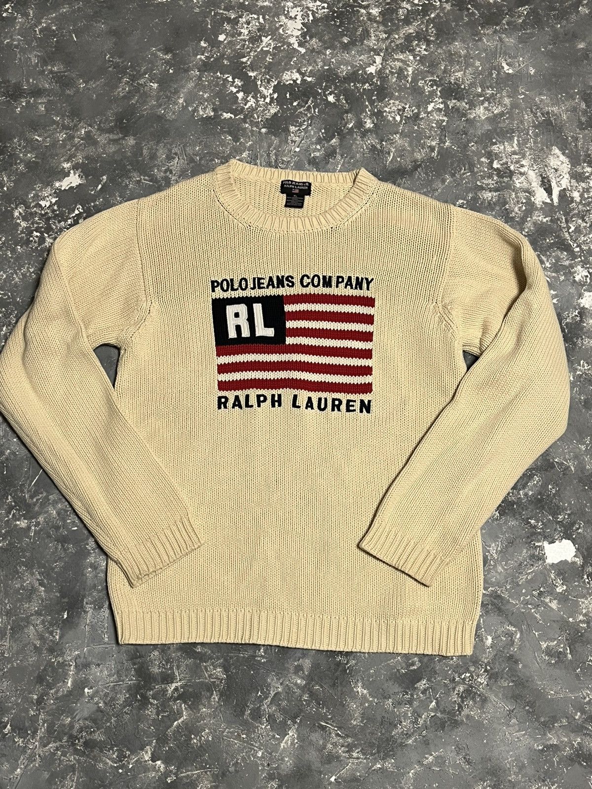 image of Lauren Ralph Lauren x Polo Ralph Lauren Beige Ralph Laurent Icon Flag Sweater Usa Aesthetic (Size X