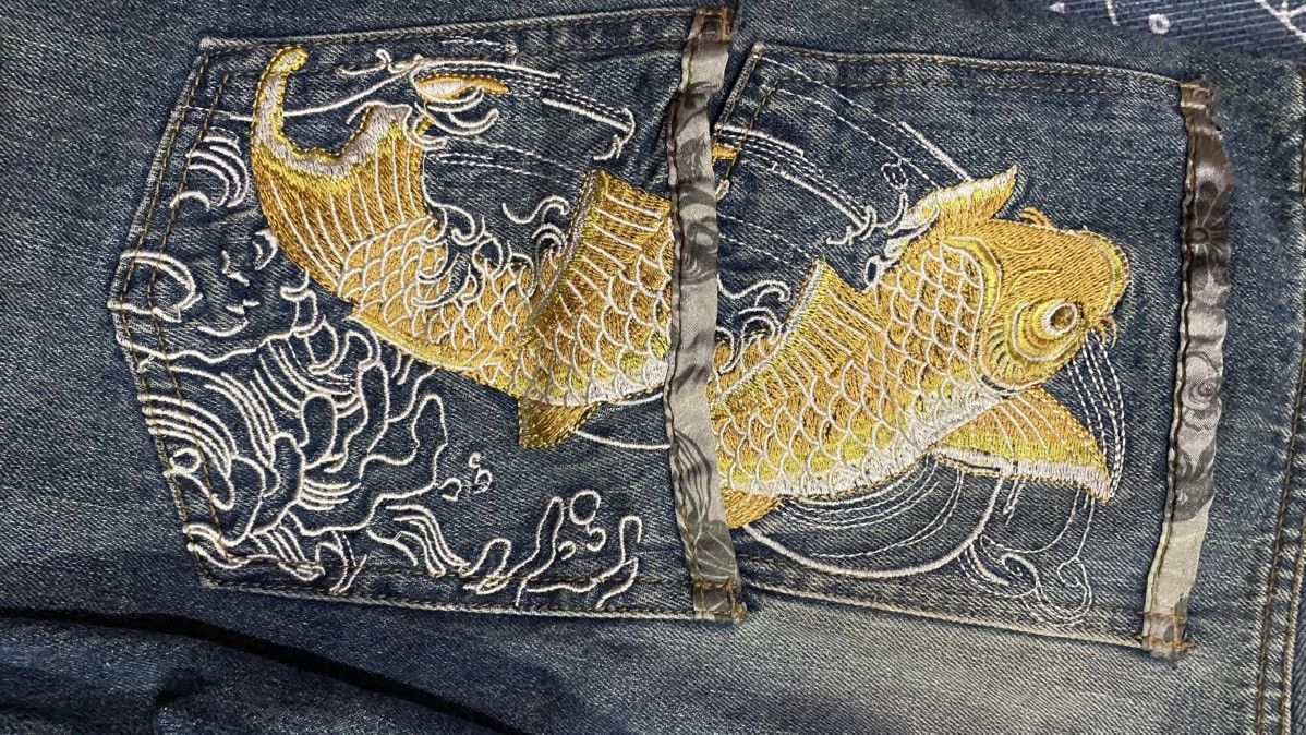 If Six Was Nine Memory Special Japanese Koi Fish Embroidery Short Jeans Size US 35 - 3 Thumbnail