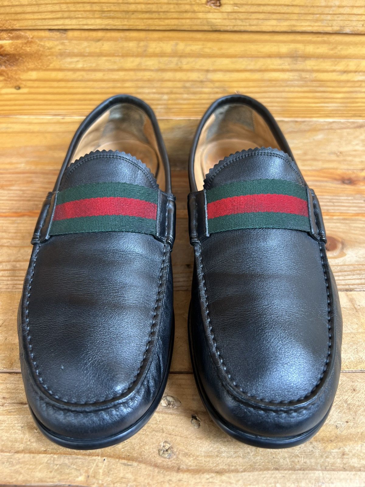 Gucci Gucci Leather Soft Leather Moccasin Loafers Green & Red Web Size US 7.5 / EU 40-41 - 5 Thumbnail