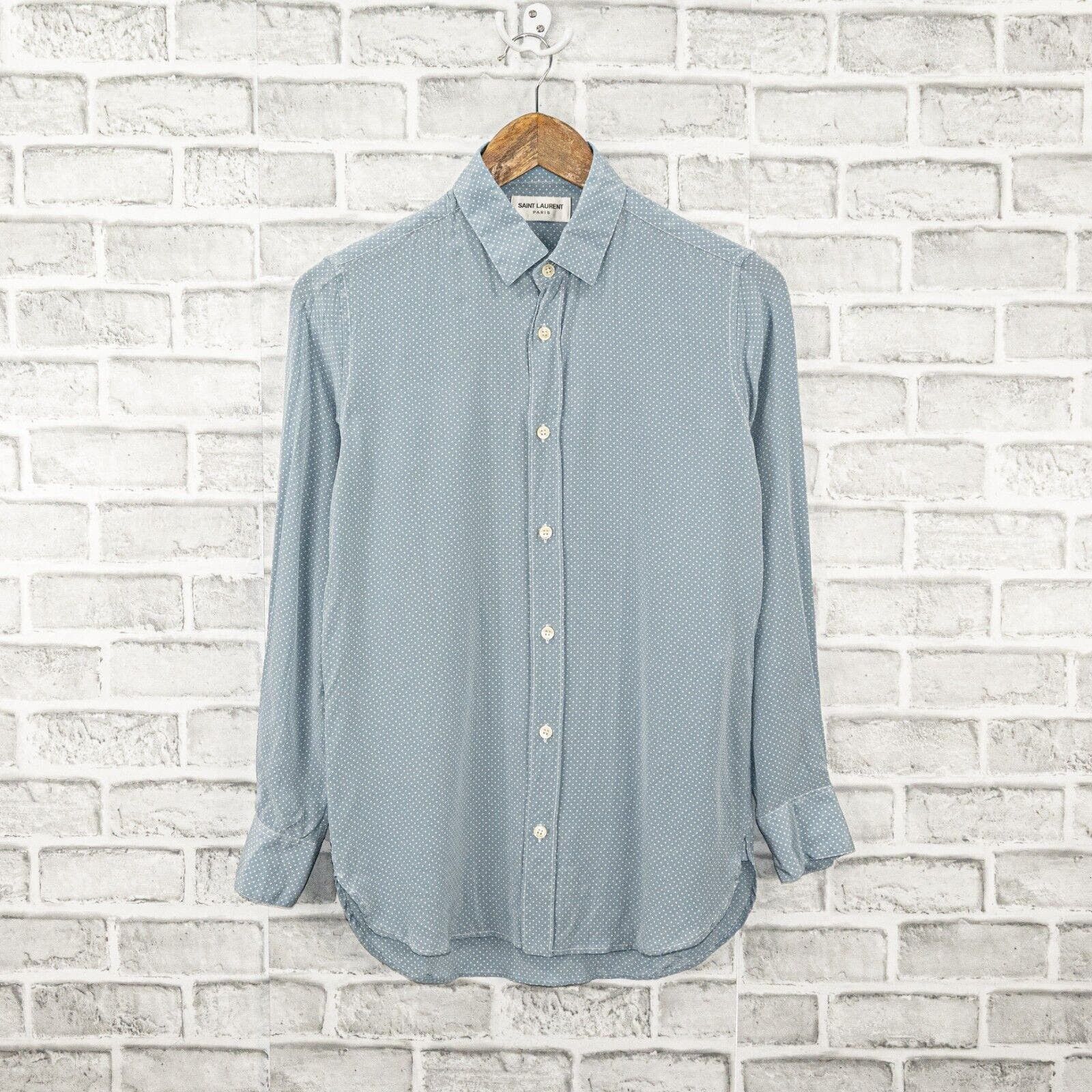 image of Saint Laurent Paris Saint Laurent Polka Dot Silk Crepe Button Up Shirt Light in Blue (Size XS)