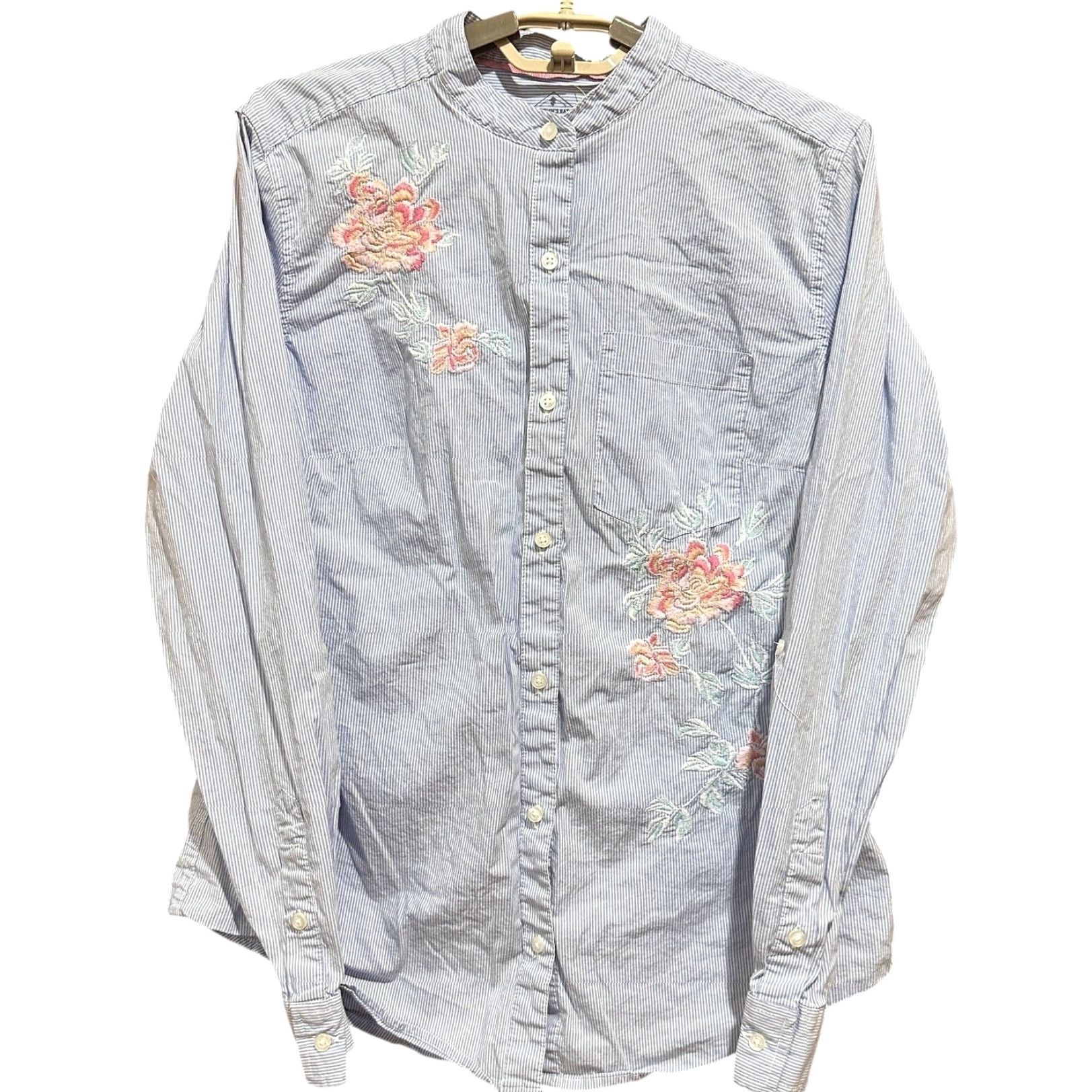 Vintage St. Johns Bay Shirt M Blue White Floral Striped Embroidery Button Up Feminine Size M / US 6-8 / IT 42-44 - 2 Thumbnail