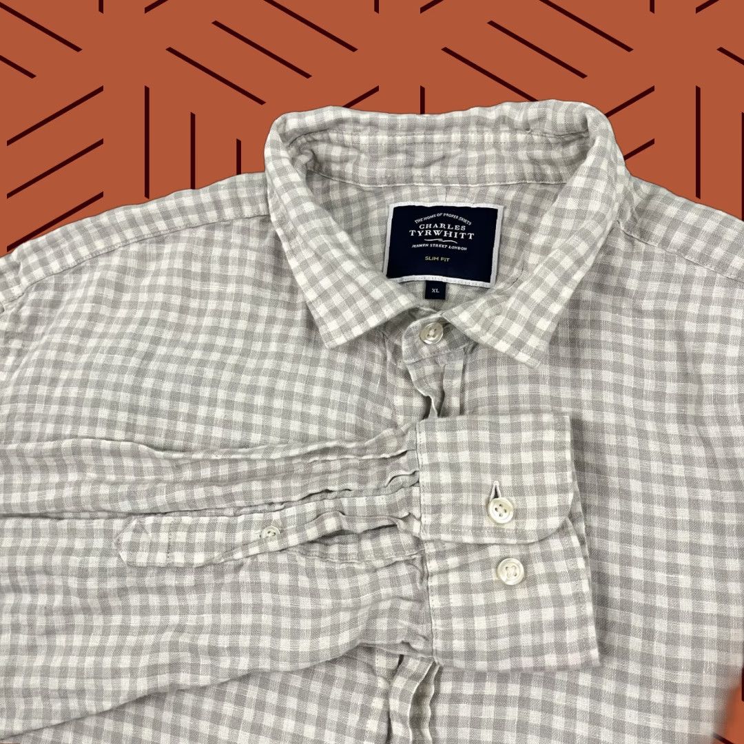 Charles Tyrwhitt Charles Tyrwhitt Shirt Mens XL Slim Linen Gray White Check Button Up Old Money Size US XL / EU 56 / 4 - 1 Thumbnail