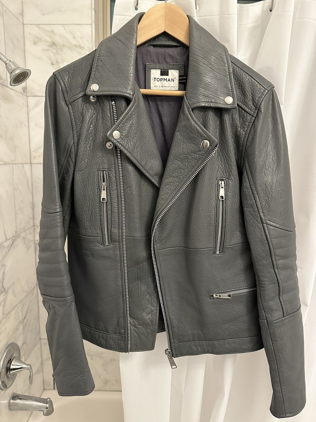 image of Topman Leather Biker Jacket in Grey, Men's (Size XS)