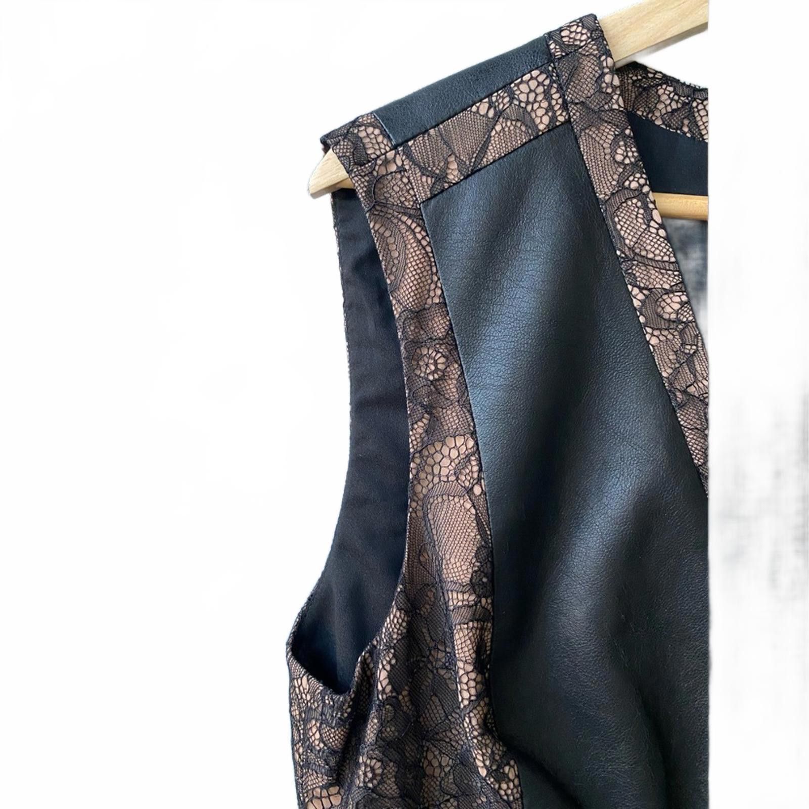BCBG MaxAzria Black Leather Lace Panel V-Neck Mini Dress
