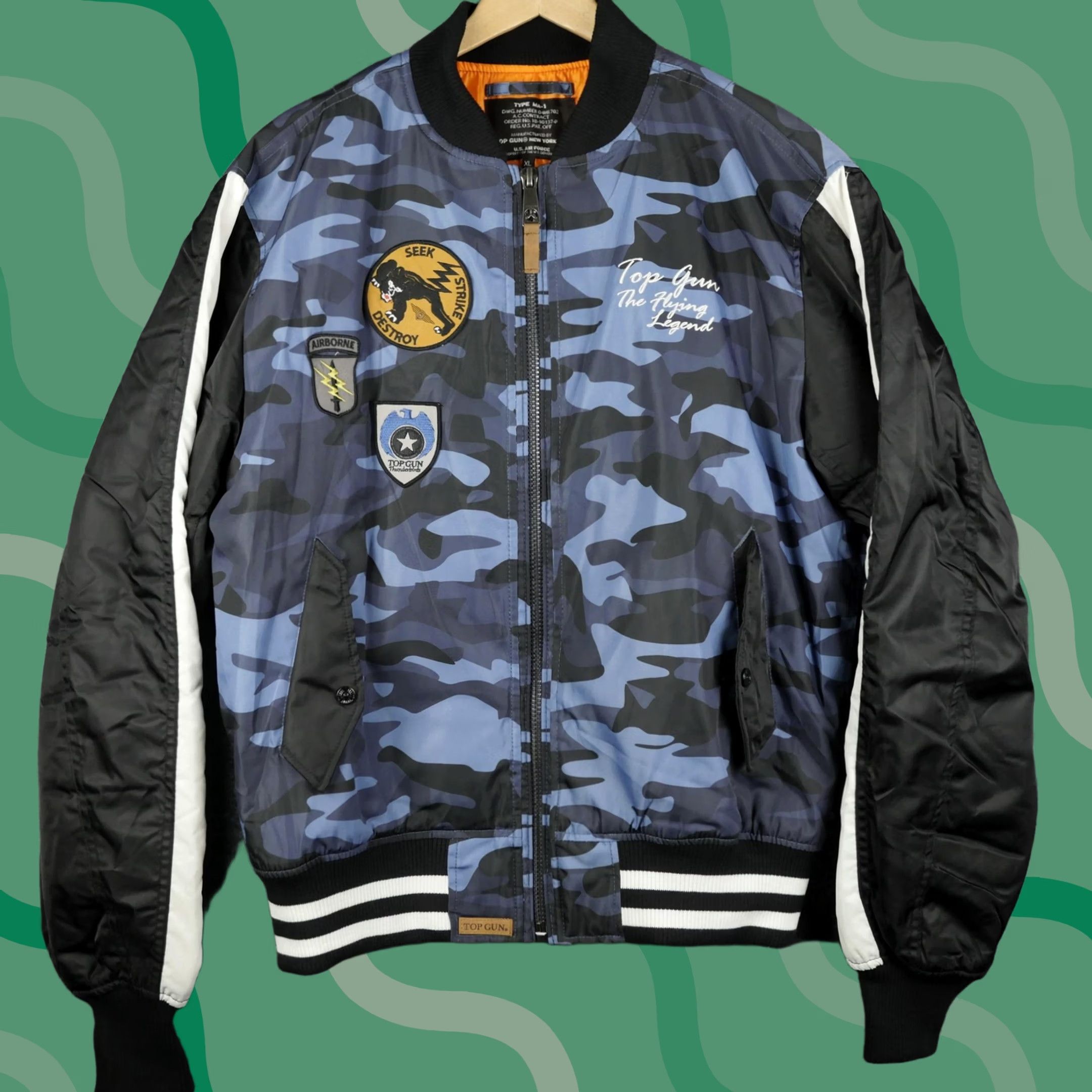 Vintage Top Gun Jacket Mens XL Blue Camo MA-1 Bomber Flight Air Force Patches Pilot Size US XL / EU 56 / 4 - 1 Thumbnail