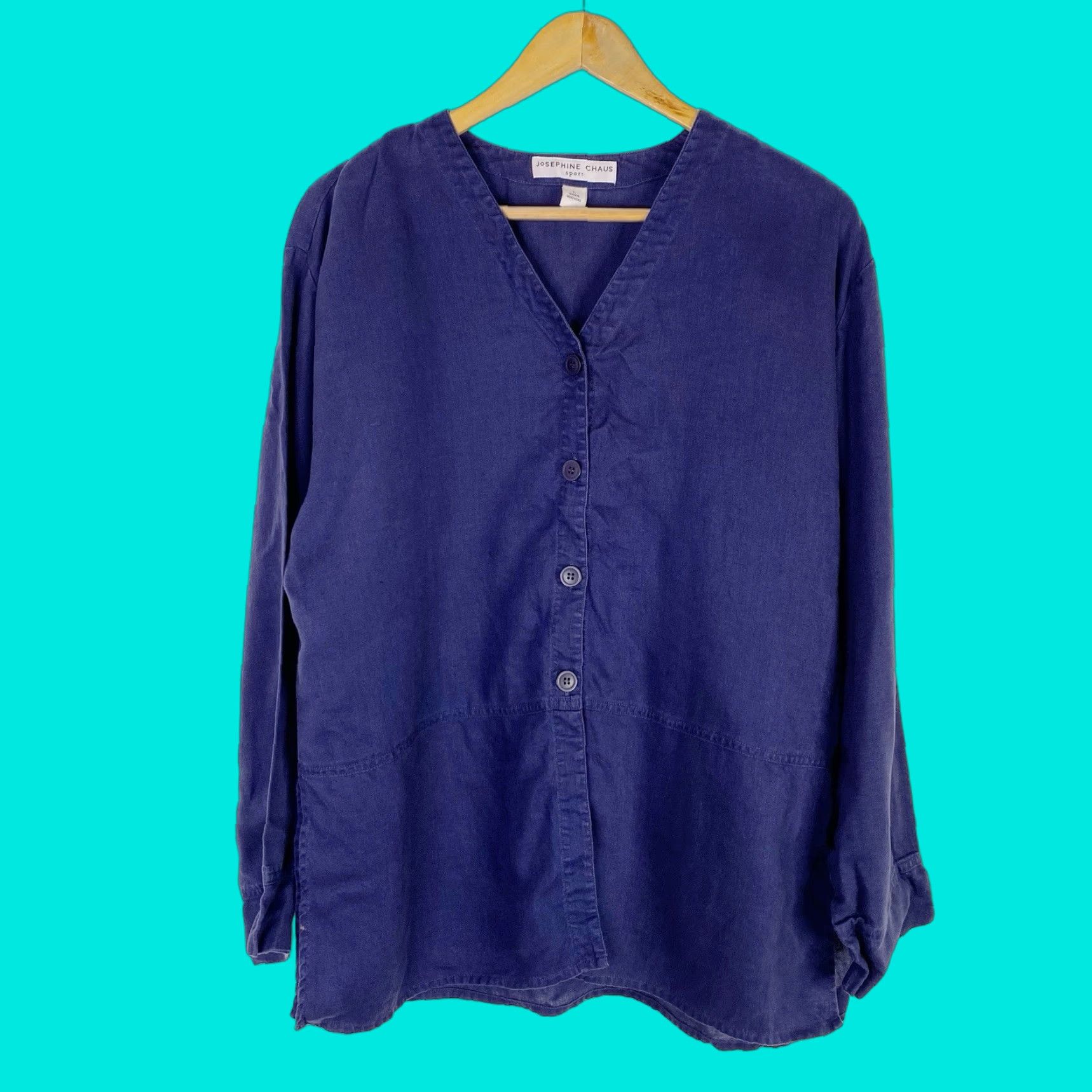 VINTAGE Josephine Chaus Sport Blouse Womens Size Large Blue Linen