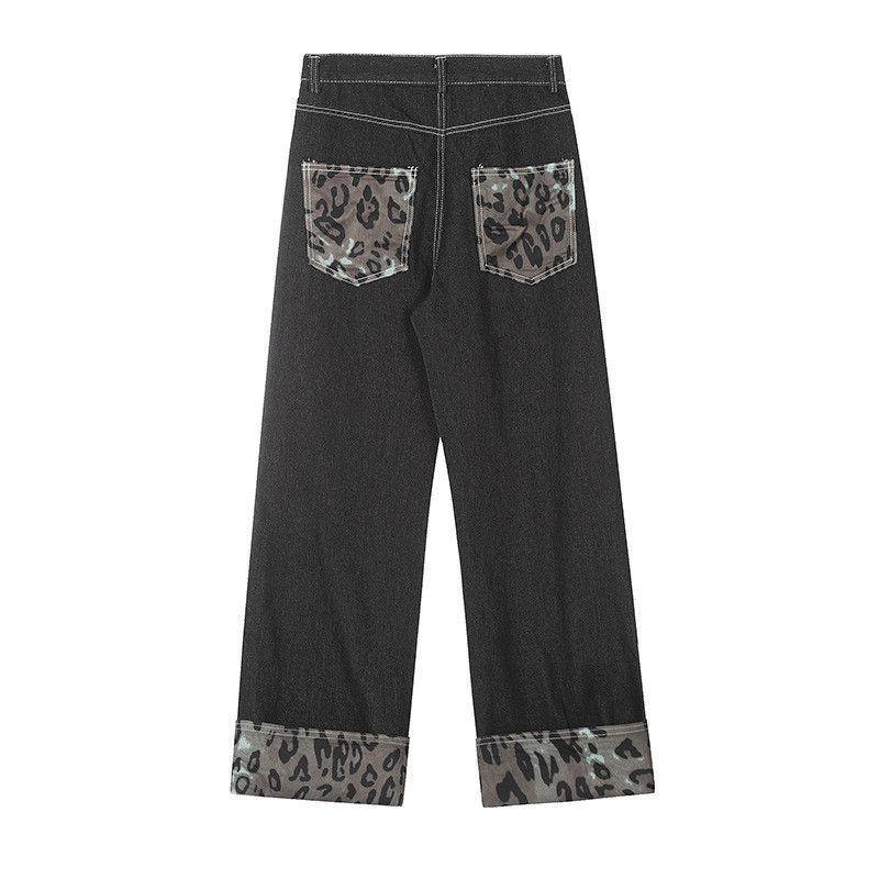 Japanese Brand Retro Men's Straight Loose Casual Leopard Patchwork Jeans Size US 32 / EU 48 - 2 Thumbnail